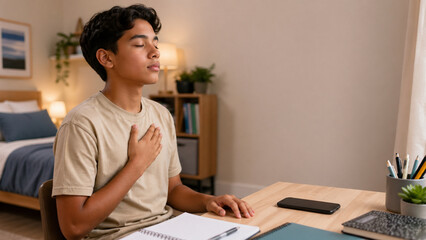 Young teenage boy practicing mindfulness and deep breathing at his desk to manage stress during Mental Health Awareness Month.