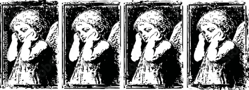 vintage cherub angel illustrations with framed decorative borders, monochrome religious art set