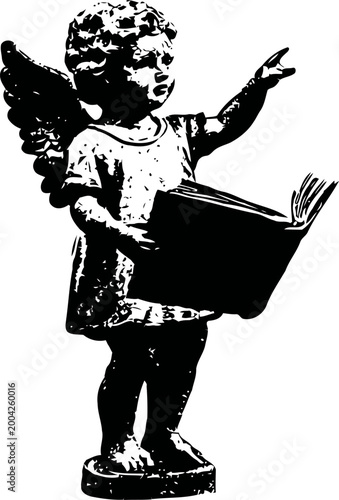 Angel statue holding an open book with one hand raised, vintage ornate angelic figure design