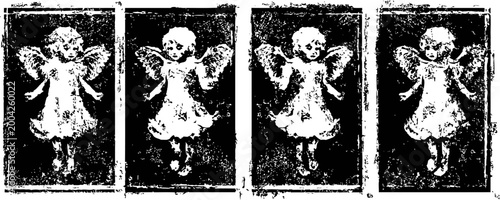 Vintage angel illustrations with wings and flowing dresses in monochrome