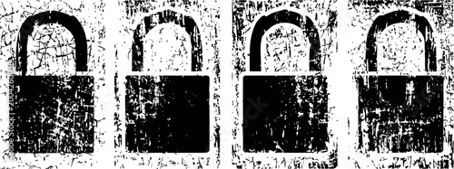 set of four black grunge padlocks with distressed texture isolated on white background