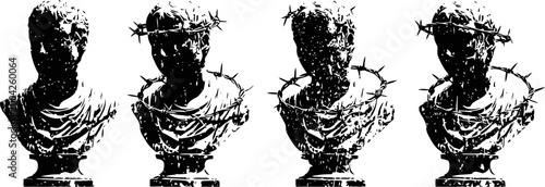 Four bust sculptures with thorn crowns in black and white silhouette against white background