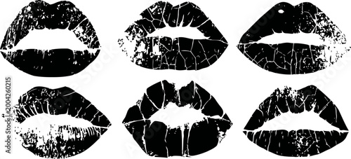 Six textured kiss imprint designs grunge lipstick marks collection romantic love symbols, vintage art