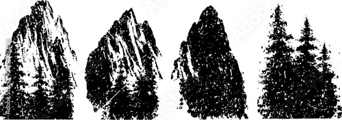 Black silhouette set of mountain peaks and pine trees with detailed texture and natural shapes