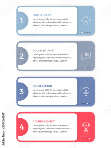 Infographic template with four numbered sequence of steps or options designed for business presentations, web design, or marketing materials