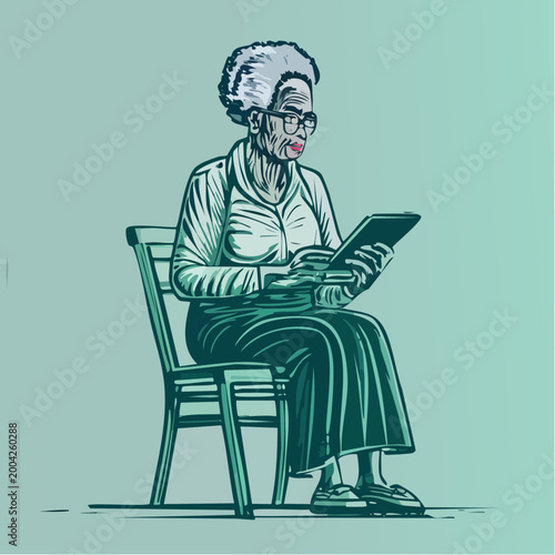 Senior Woman Using Tablet Independently Modern Aging Lifestyle Minimal Flat Vector Illustration
