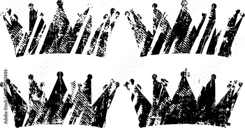 grunge black crowns set with textured distressed effect, royal vintage design elements for decoration and branding