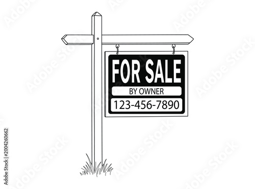 Real estate for sale by owner wooden sign post vector illustration for residential property advertisement