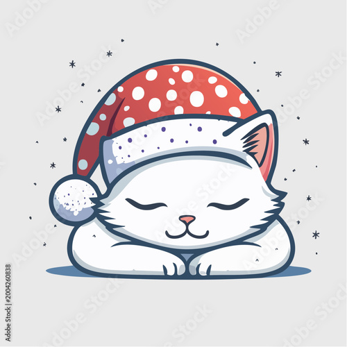 Cute white cat wearing a Santa hat, sleeping peacefully