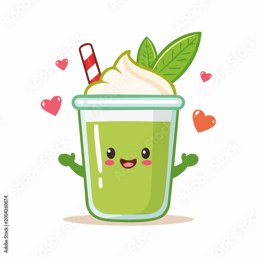 Cute Kawaii Matcha Drink with Whipped Cream and Hearts