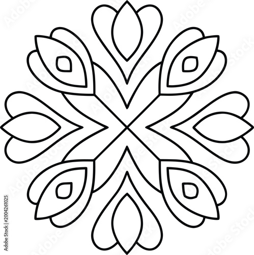 Elegant symmetric floral motif outline for ornamental graphic element and coloring activities