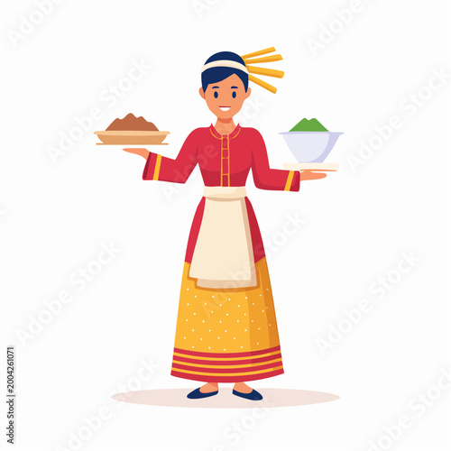 Woman in Traditional Attire Serving Food
