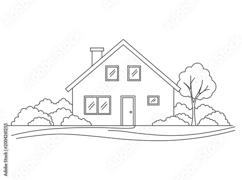Cozy suburban house with tree and garden fence line art vector graphic for real estate and architecture