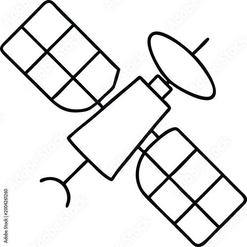 Essential black line icon showing a contemporary satellite with its array of solar panels and receiver