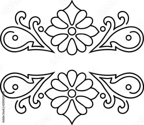 Exquisite pair of symmetrical ornate floral and scroll line art decorative design elements for luxurious invitations