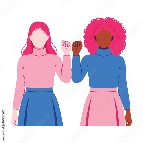 Two women with pink hair and colorful outfits bumping fists in solidarity