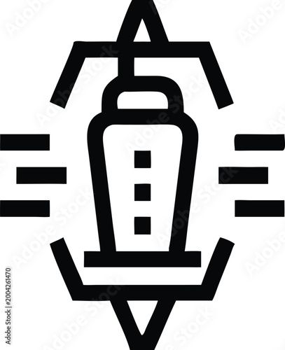 Futuristic black outline icon depicting a cylindrical vessel emitting energy within a geometric frame