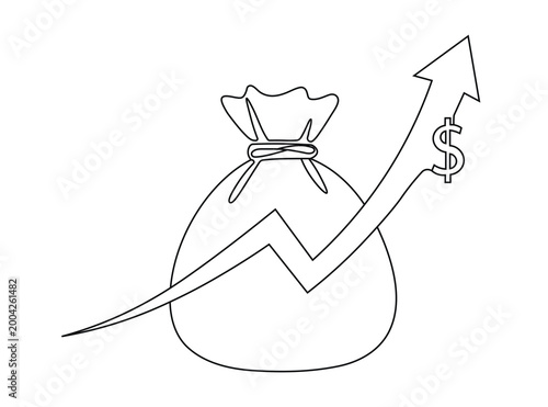 Money bag with upward pointing financial growth arrow symbol representing investment success and profit gains