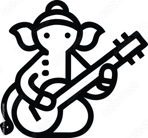 Ganesha deity joyfully playing a traditional Indian stringed musical instrument with devotion