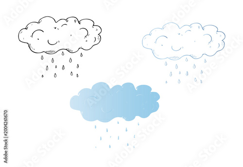 Vector blue rain clouds. Graphic hand drawn weather element with falling precipitation illustration isolated on background. For designer, weather-related design, Eco-Friendly. Garden Soil Enrichment