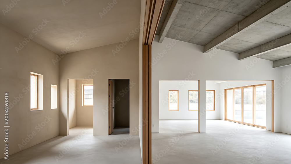 Obraz premium comparison. Architectural transformation showing side-by-side changes in a neutral-toned space. real-estate listings.
