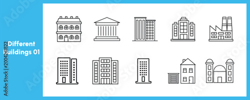 Building web icons in line style. Hotel, hospital, apartment, city, town house, mall, coffee, collection. Editable stroke. Vector illustration