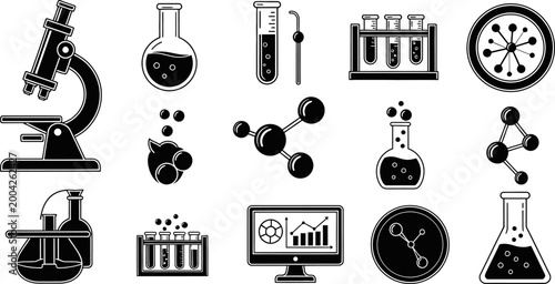 Laboratory science equipment set with microscope beakers test tubes and molecular structures.