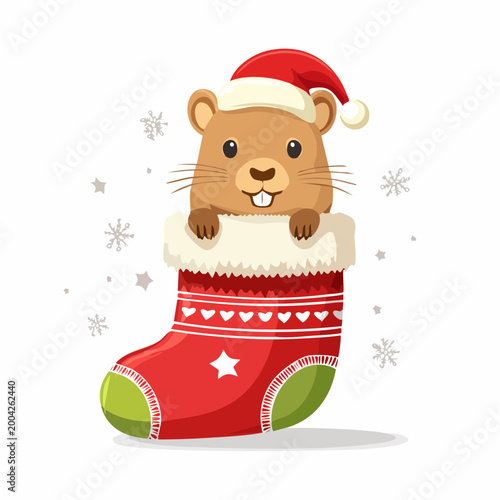 Cute cartoon beaver wearing Santa hat in Christmas stocking