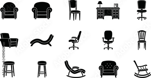 Collection of various chairs and office furniture icons in black vector silhouette.
