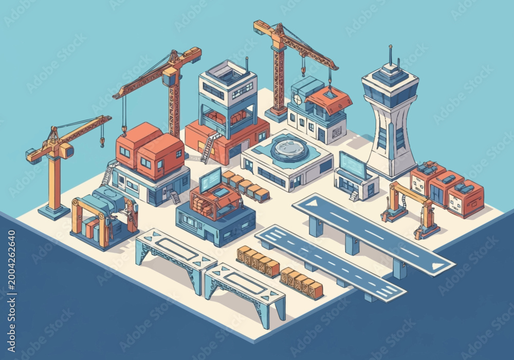 Fototapeta premium Isometric illustration of construction site elements including cranes, buildings, and infrastructure.
