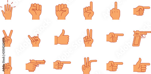 Hand Gesture Icons Set with Finger Signs Pointing Symbols and Communication Actions Flat Style Illustration for UI Design and Visual Language Use.
