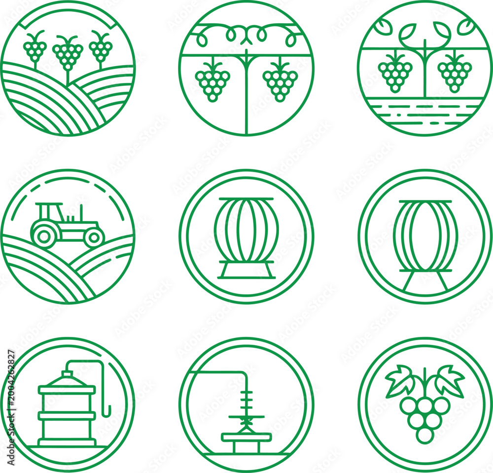 Fototapeta premium Collection of green line icons depicting various wine production and vineyard elements