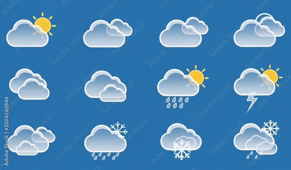 Obraz premium Transparent cloud icon vector set on blue background for weather app and interface design