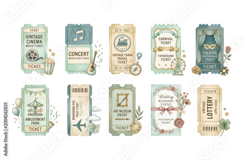 Watercolor Soft Realistic Mint Ticket Clipart Set – Vintage Cinema Concert Train Carnival Theater Amusement Park Boarding Pass Art Museum Wedding Lottery Ticket Illustration Bundle, Fresh Mint Vintage