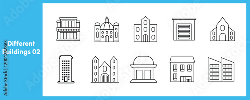 Buildings icons. Bank, Hotel, Courthouse. City, Real estate, Architecture, buildings icons. Hospital, townhouse, museum. Urban architecture, city skyscraper. Classic set. Quality set. Vector