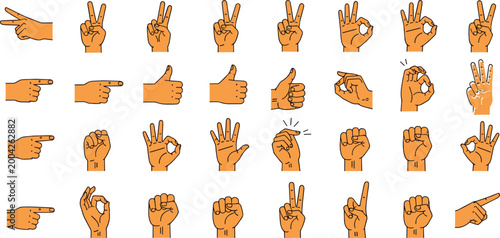 Hand Gesture Icons Set with Various Finger Signs and Signals Flat Style Illustration for Communication Design UI Symbols and Educational Use.