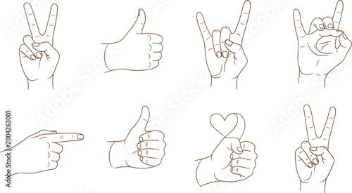 Hand Gesture Line Icons Set with Finger Signs Love Symbols and Human Communication Expressions Minimal Outline Style Illustration for UI Design and Social Media Use.