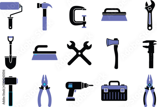Collection of various hand tools and equipment for construction and repair, flat vector icons