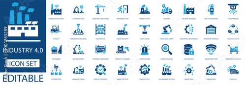 Industry 4.0 icon set featuring smart factory, automation, industrial robot, sustainable manufacturing, green energy, logistics, and production line symbols in a modern style.