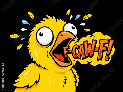 Stressed Cartoon Yellow Chick Screaming F-CAW-F Illustration, Funny Panicked Bird Mascot Character Design