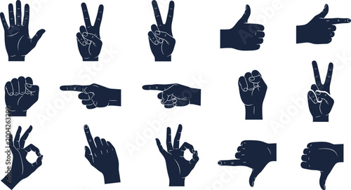 Hand Gesture Silhouette Icons Set with Various Finger Signs and Human Communication Symbols Flat Design for UI Interface and Visual Language Use.