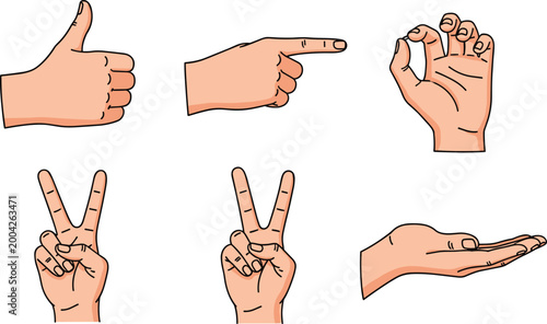 Human Hand Gesture Set with Thumbs Up Pointing Fingers Victory Signs and Open Palm Icons Detailed Illustration for Communication UI and Interaction Design.