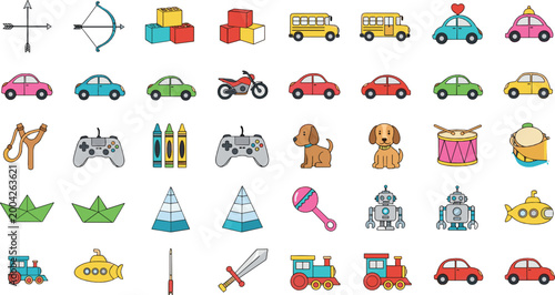 Kids Toy Icons Set with Cars Animals Robots and Play Objects Cute Colorful Flat Vector Collection for Children Education and Game Desig