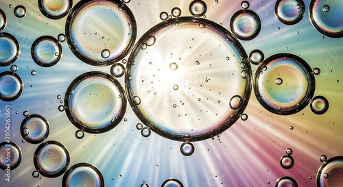 Macro view of colorful oil bubbles on water, iridescent reflections with rainbow hues, abstract circular patterns, soft gradient background, high detail, vibrant minimal aesthetic, 4K wallpaper style
