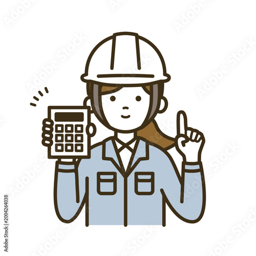 作業服とブラウスで見積価格を提示する女性技術者のイラスト｜白ヘルメット・電卓・指差し
