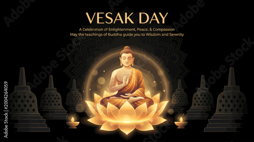 Buddha enlightenment and serenity on Vesak Day celebration with lotus flower and stupas