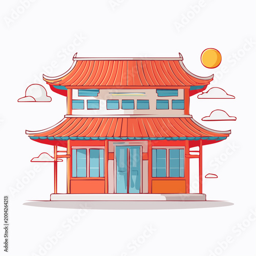 Traditional Asian Building with Pagoda Roof and Clouds