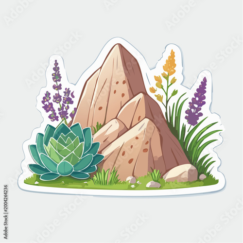 Stylized Mountain Landscape with Succulent and Wildflowers