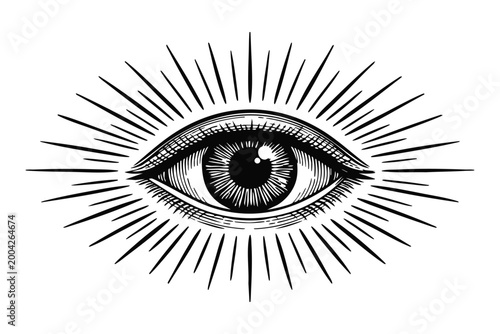 All seeing eye illustration with radiant lines vintage engraving style