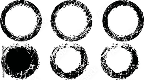 Grunge circle frames set distressed borders, round design elements, vintage texture shapes